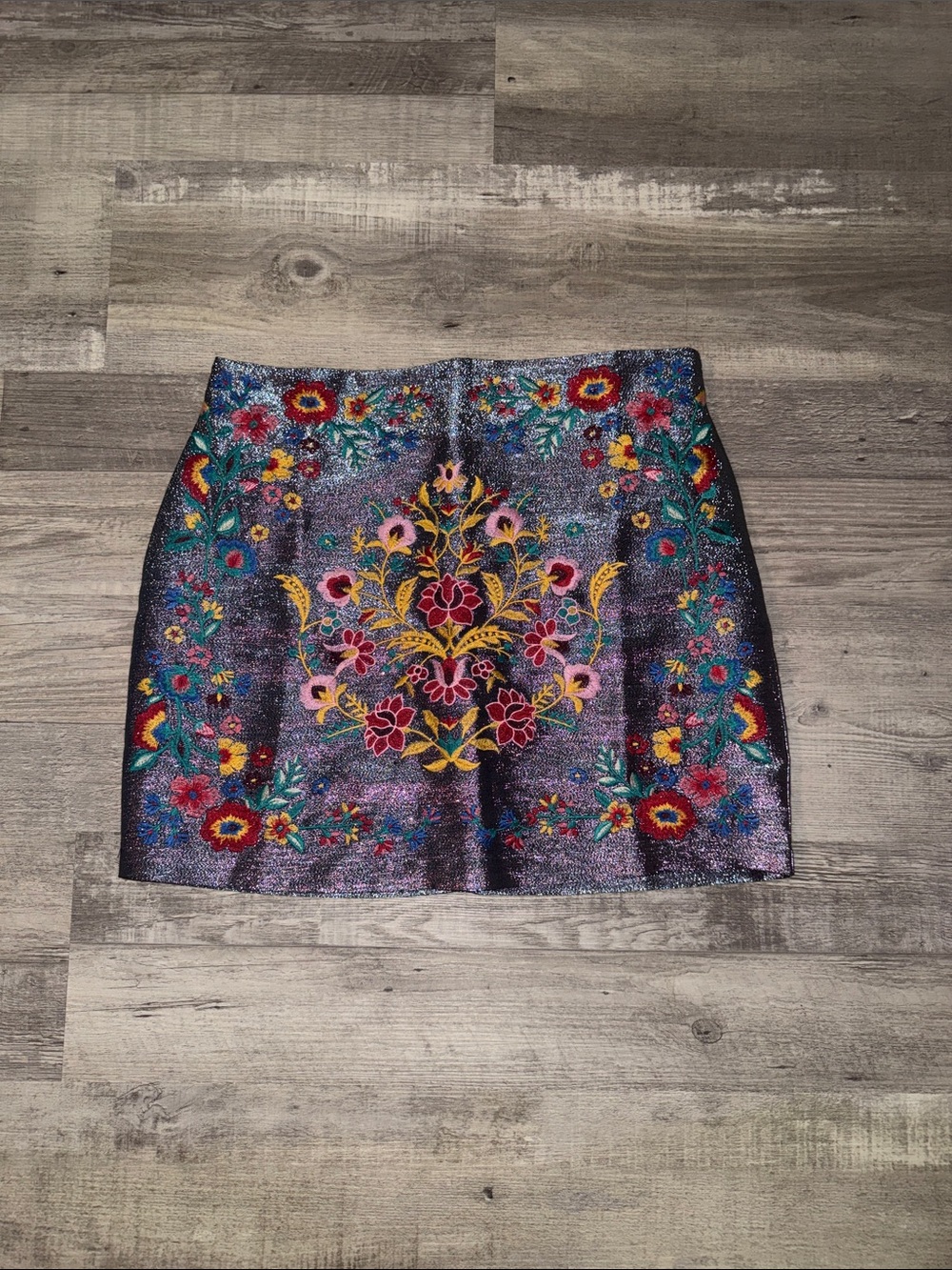 Umgee Purple Metallic Mini Skirt with Multicolor Floral Embroidery